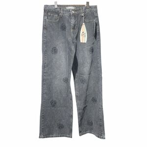 Wide Leg Charcoal Grey Black Jeans Rose Jewel Detail Nwt Size 7/28